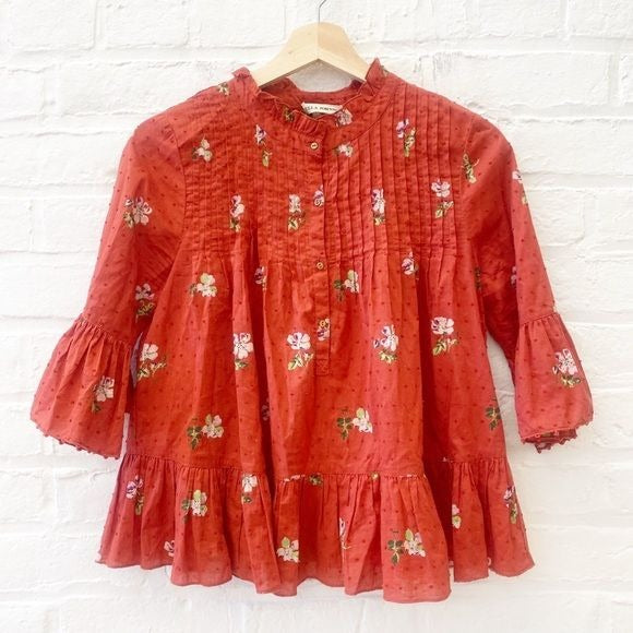 Ulla Johnson || Charlotte Pintucked A-Line Ruffle Blouse Floral Crimson 0