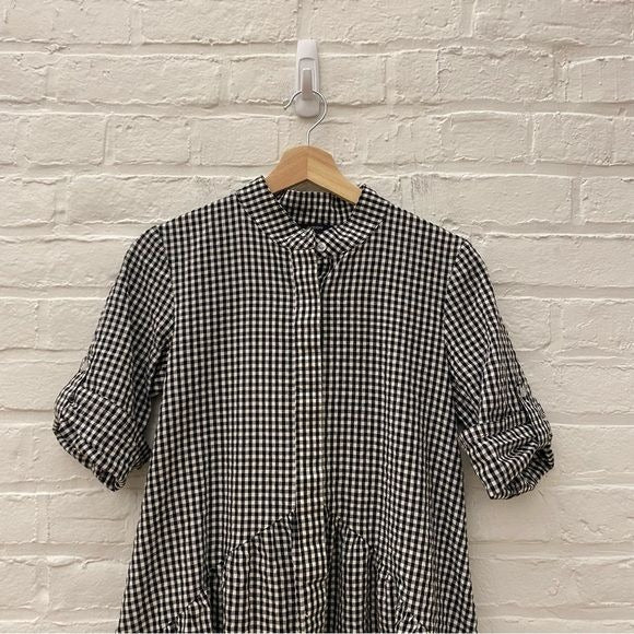 Floryday || Drop Waist Gingham Shirt Dress Preppy Black White Small