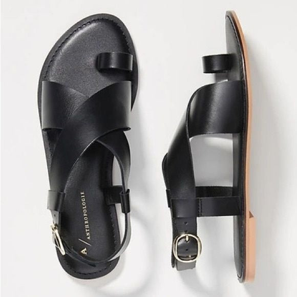 Anthropologie || Perdita Toe-Loop Black Leather Gold Hardware Flat Sandals 9