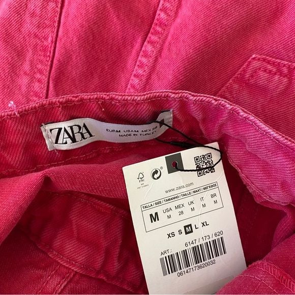 Zara || Strapless Denim Mini Dress Overdyed Hot Pink Medium NWT