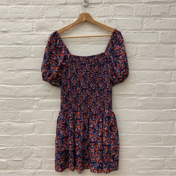 Parker || Floral Smocked Tiered Ruffle Mini Dress Square Neck Blue Red Small