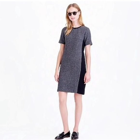 J. Crew || Houndstooth Wool Leather Trim Shift Dress Gray Black 4