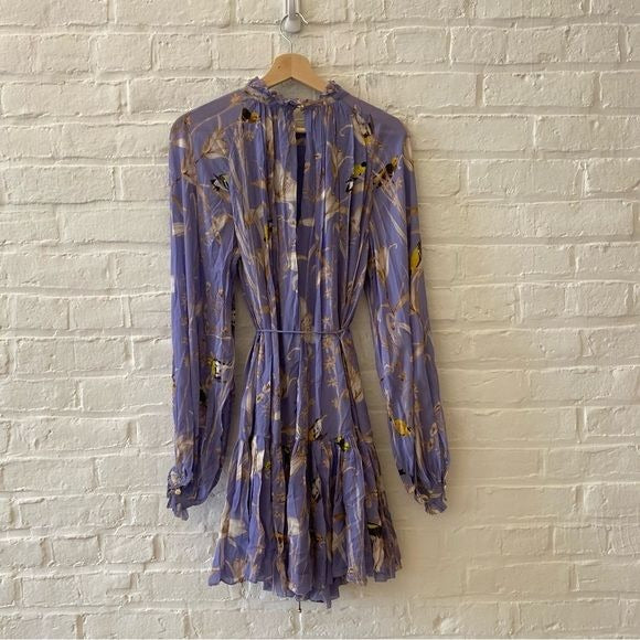 Banana Republic || Belted Long Sleeve Mini Dress Bird Floral Print Purple XS