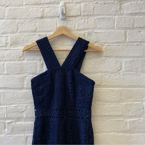 Lulus || Cocktail Ready Navy Blue Crochet Lace Midi Dress XS NWT