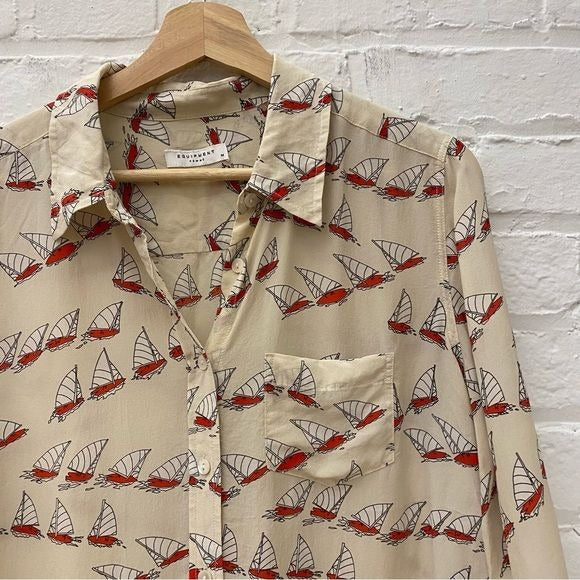 Equipment || Silk Brett Blouse Button Down Sailboats Cream Medium