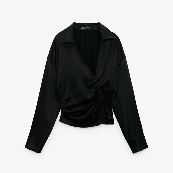 Zara || Ruched Stain Effect Top Blouse Silky Black Small