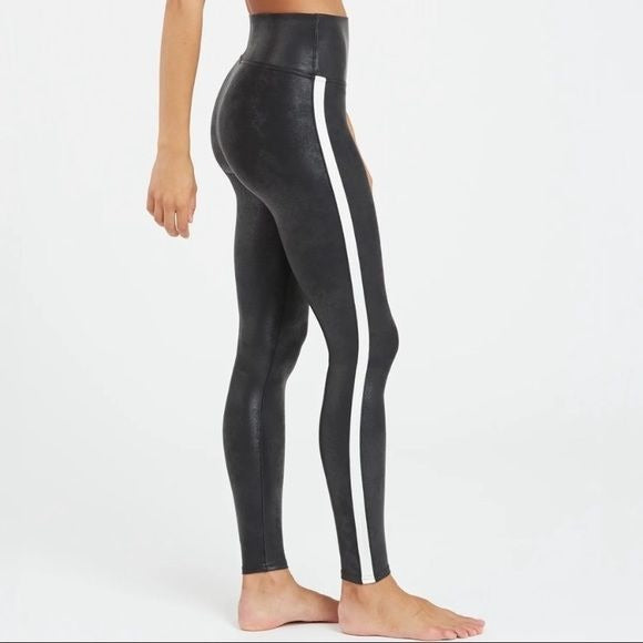 SPANX || Faux Leather Side Stripe Leggings Black + White Medium