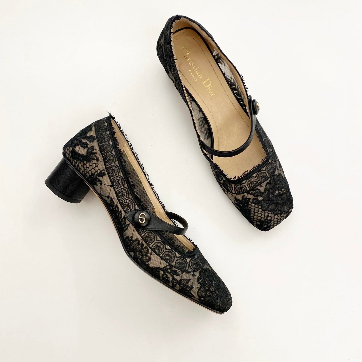 Christian Dior || D-grace Ballet Pump Black Mesh Lace Leather Roses Embroidery 36