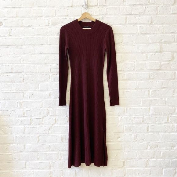 All Saints || Nala Ribbed Sweater Dress Midi Long Sleeve Crew Slit Burgundy M