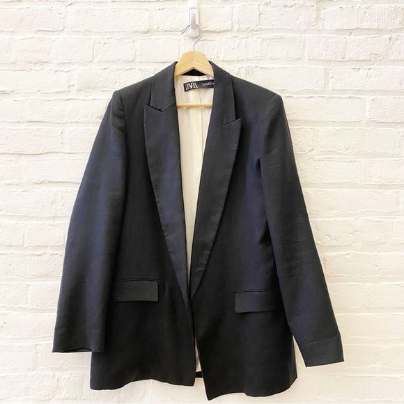 Zara || Linen Longline Blazer Boxy Oversized Black Medium