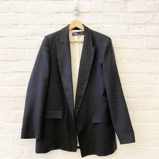 Zara || Linen Longline Blazer Boxy Oversized Black Medium