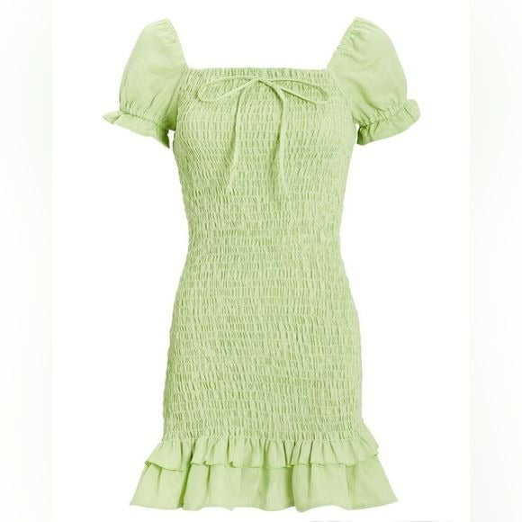 Faithfull the Brand || Cette Linen Smocked Mini Dress Puff Sleeve Green US 4