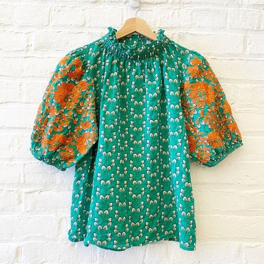 THML || Embroidered Puff Sleeve Blouse Top Button Back Floral Green Medium