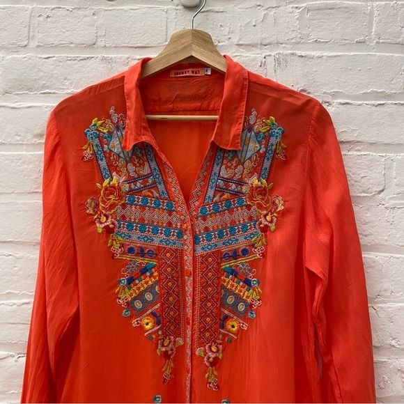 Johnny Was || Embroidered Button Down Tunic Shirt Dress Coral Medium