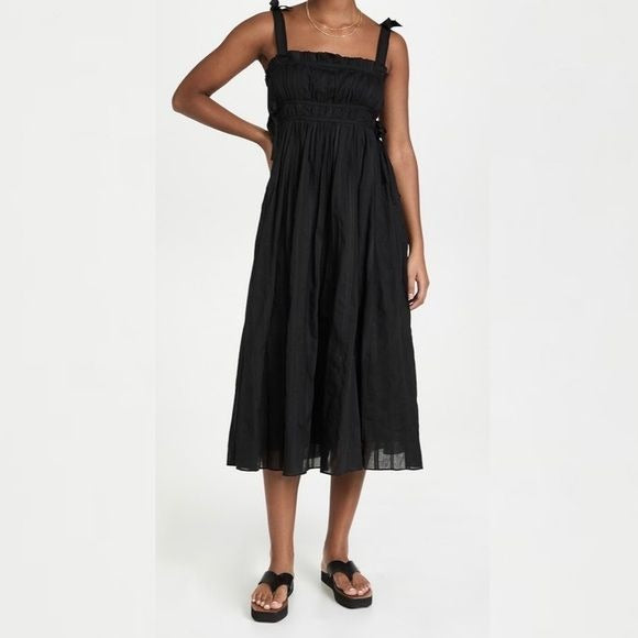 Playa Lucila || Tie Shoulder Cotton Smocked Midi Dress Black Medium