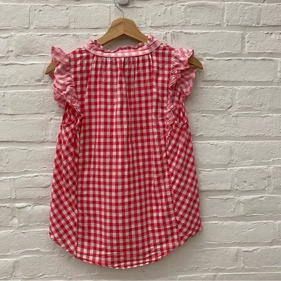 Draper James || Sleeveless Ruffle Button Down Gingham Top in Pink White XS