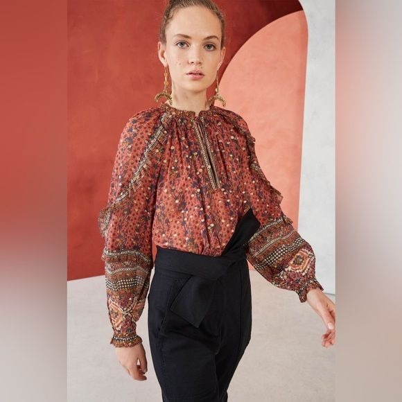 Ulla Johnson || Calista Blouse in Brick Silk Floral Red Orange Gold Ruffle Top 8