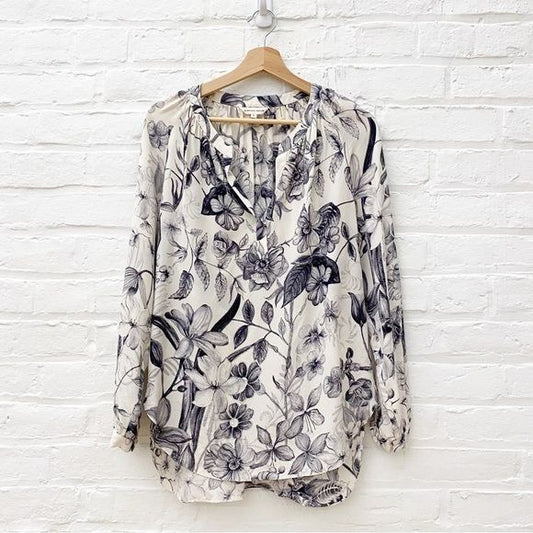 Rebecca Taylor || Botanical Floral Blouse Silk Cream Black 8