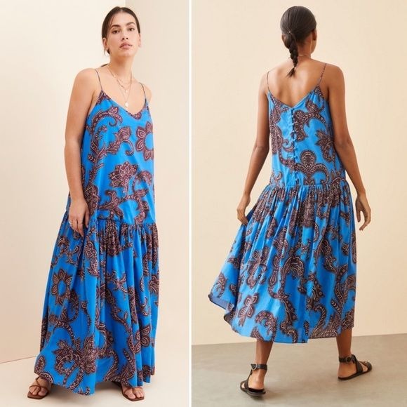 Anthropologie || Atsu Flounced Paisley Maxi Dress Floral Button Back Blue M