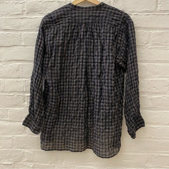 Nili Lotan || Gingham Plaid Check Popover Top Tencel Gray Navy Medium