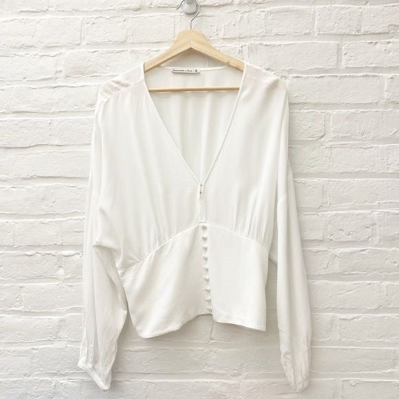 Abercrombie || Button-up Smock Waisted Plunge Blouse White XL