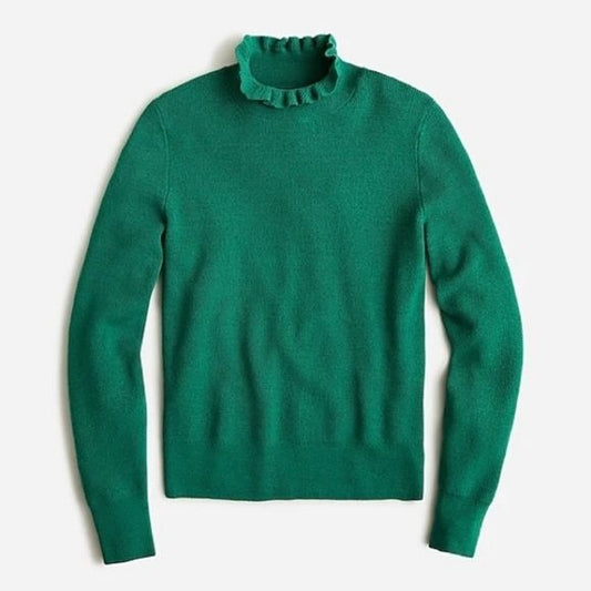 J Crew || Ruffleneck Merino Wool Sweater High Ruffle Neck Green XS