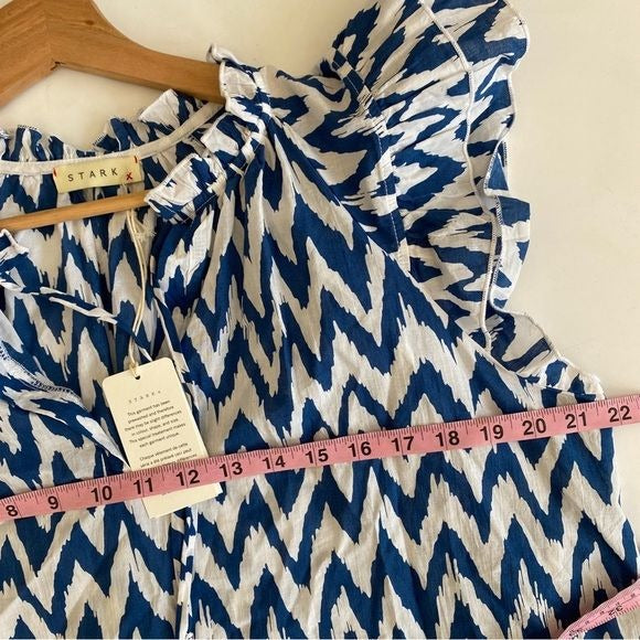 Stark X || Dreamy Top Blouse Chevron Cotton Poplin Ruffle Blue White Small NWT