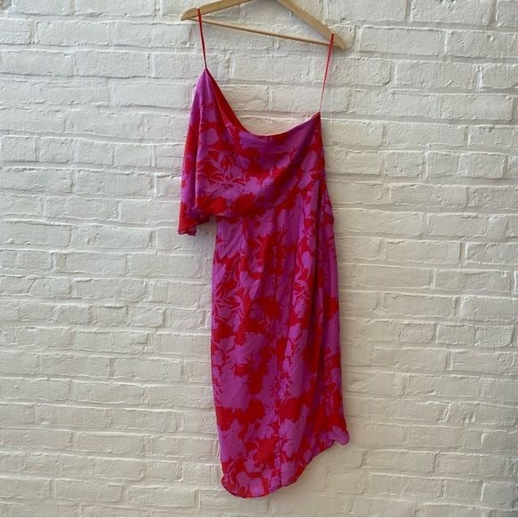 DO+BE || Floral One Shoulder Midi Dress Faux Wrap Pink Red Large RUNS SMALL