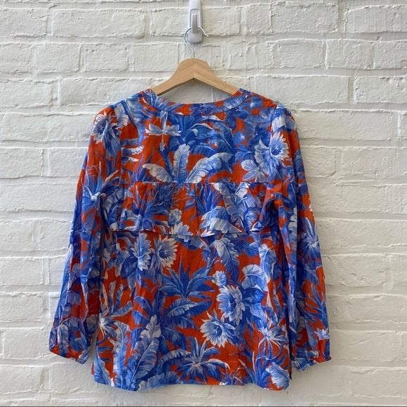 J. Crew || Long Sleeve Ruffle Top in Ratti Rio Palm Floral Red + Blue XS