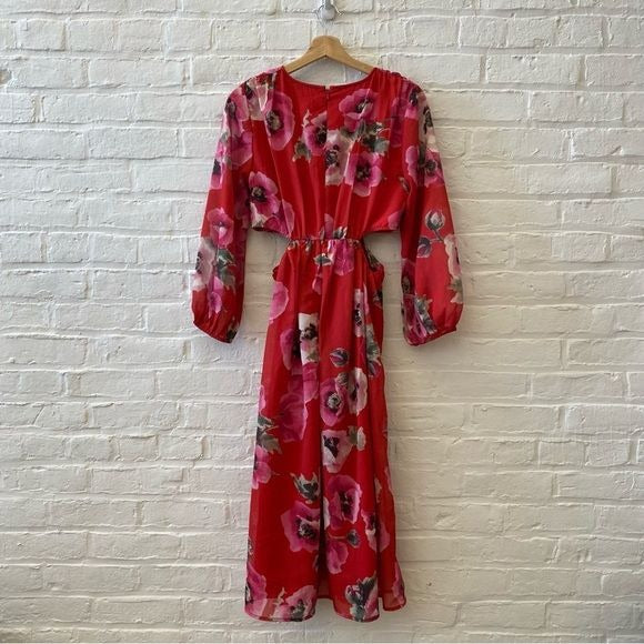 Anthropologie || Ranna Gill Long Sleeve Cutout Midi Dress Floral Red Pink S NWT