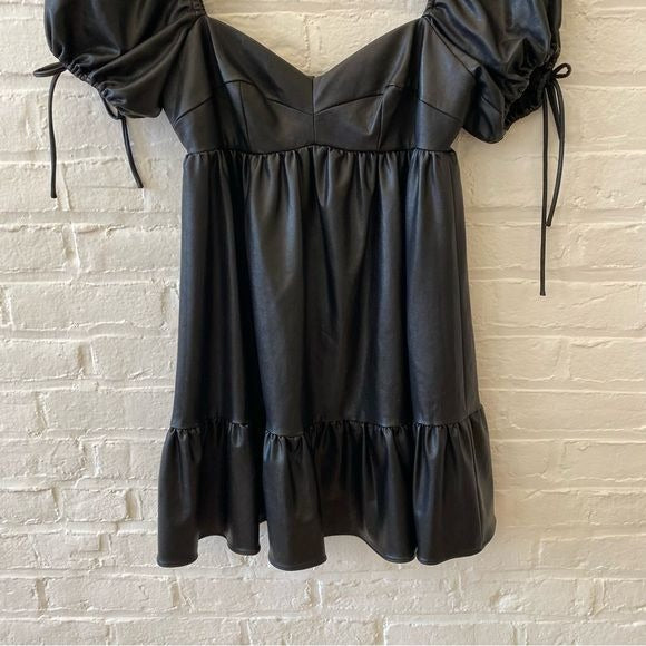 Amanda Uprichard || Sicily Babydoll Tiered Mini Dress Faux Leather Black Small