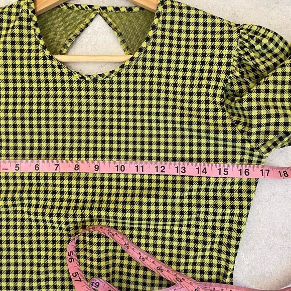 Amanda Uprichard || Jilly Top Blouse Puff Sleeve Open Back Lime Green Gingham L