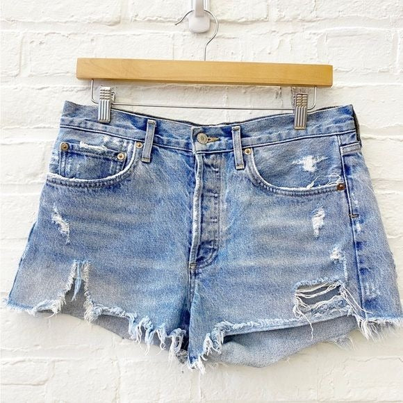 AGOLDE || Parker Vintage Cut Off Shorts Swapmeet Blue Denim Distressed Fray 28