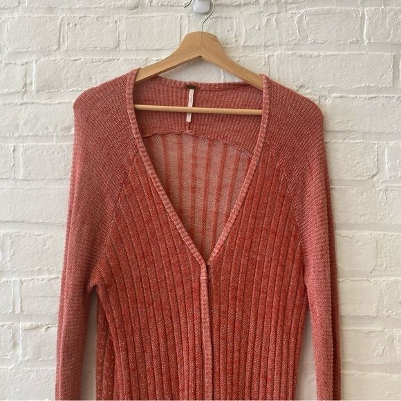 Free People || Shadow Stripe Long Duster Cardigan Pockets Paprika Red Orange XS