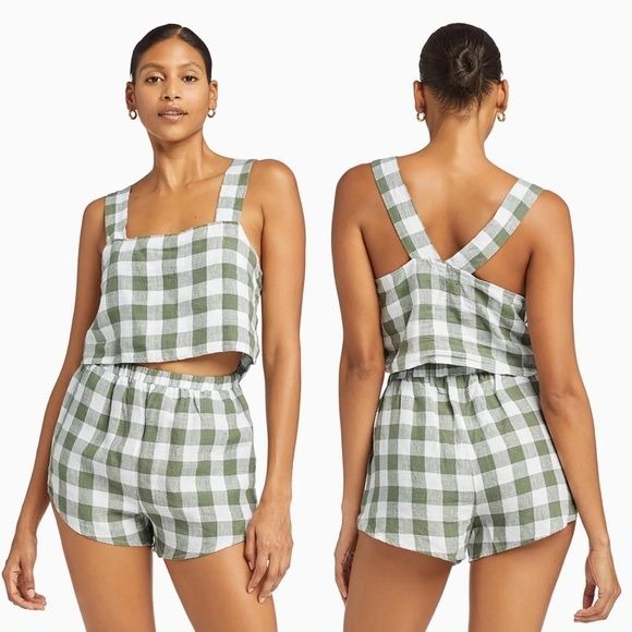 Vitamin A || Gingham Linen Tallows Tank + Shorts Set Agave Green Small