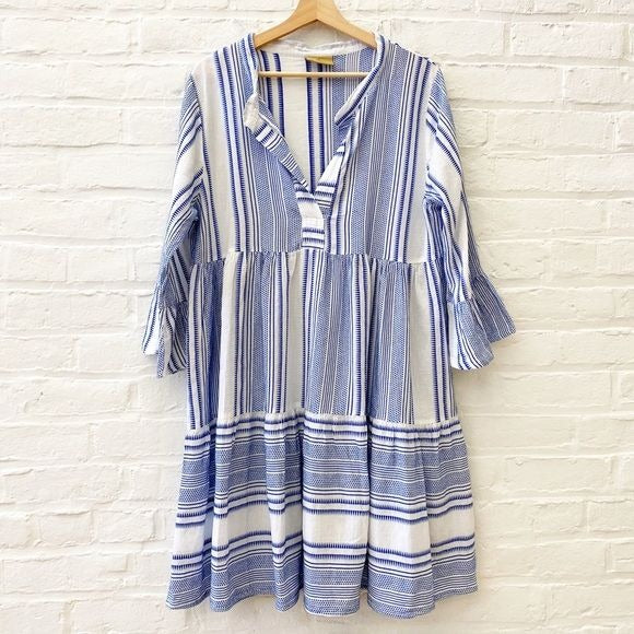 Donna Bogioka || Embroidered Tiered A-line Dress Blue White L/XL