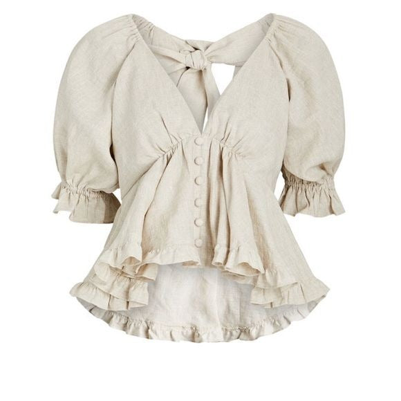 Joslin || Camille Tie-Back Linen Peplum Blouse Tan Beige AU 8 US 4