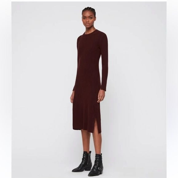 All Saints || Nala Ribbed Sweater Dress Midi Long Sleeve Crew Slit Burgundy M