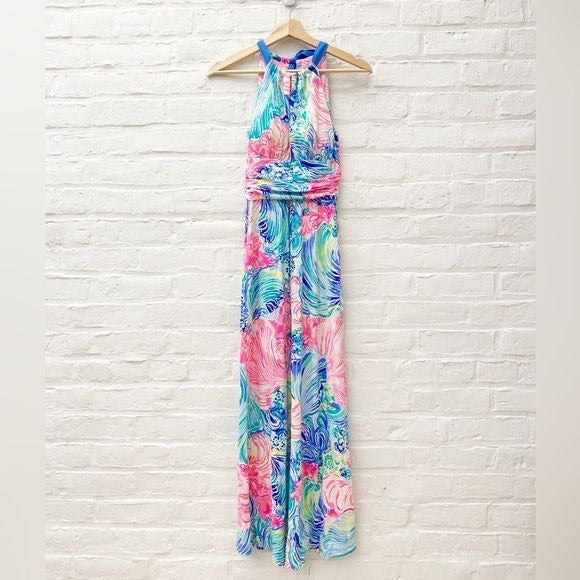 Lilly Pulitzer || Martina Halter Maxi Dress in Multi Beach Please Pink Blue XXS