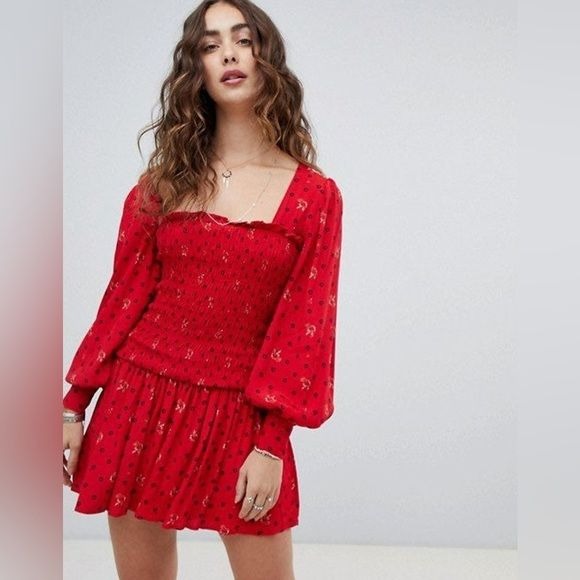 Free People || Two Faces Smocked Mini Dress Red XS