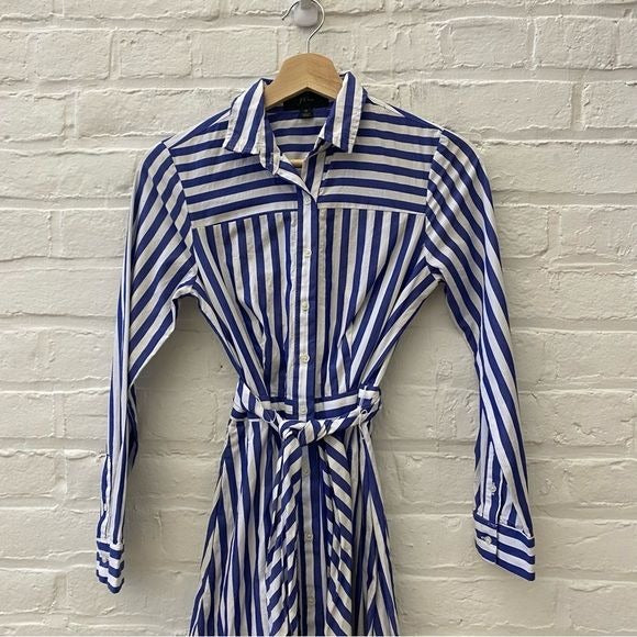 J. Crew || Belted Collared Shirtdress Blue + White Stripe 0