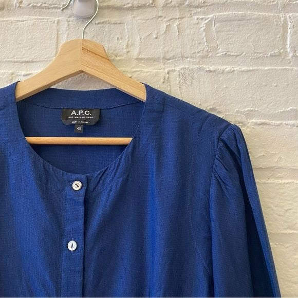 A.P.C. || Peplum Hem Poplin Button Down Blouse Navy Blue 40 US 8