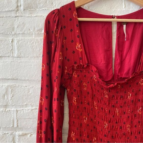 Free People || Two Faces Smocked Mini Dress Red XS