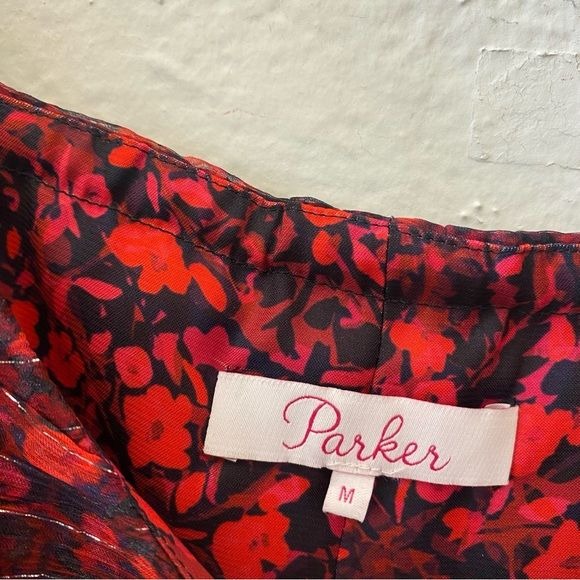 Parker || Catherine Ruched Blouse Silk Metallic Floral Print Red