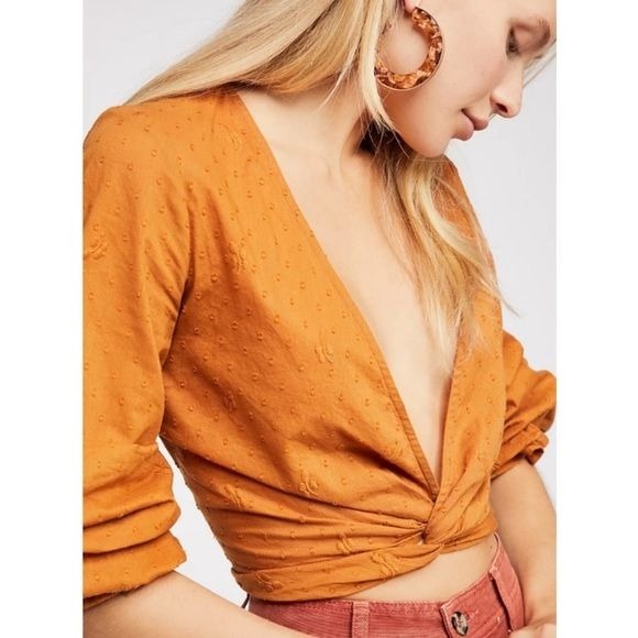 Free People || The One That I Love Embroidered Twist Front Crop Top Yellow XS