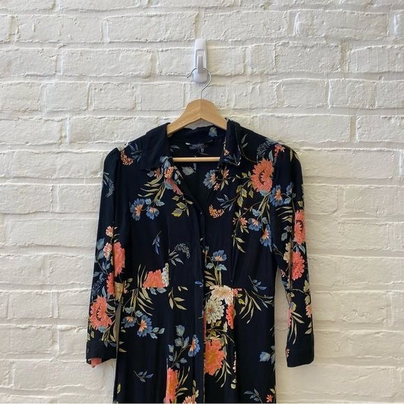 Zara || Long Floral Print Shirt Dress Black Small