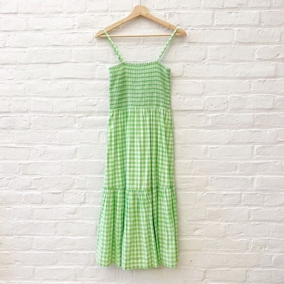 J. Crew || Smocked Top Midi Dress Tiered Gingham Lime Green XS