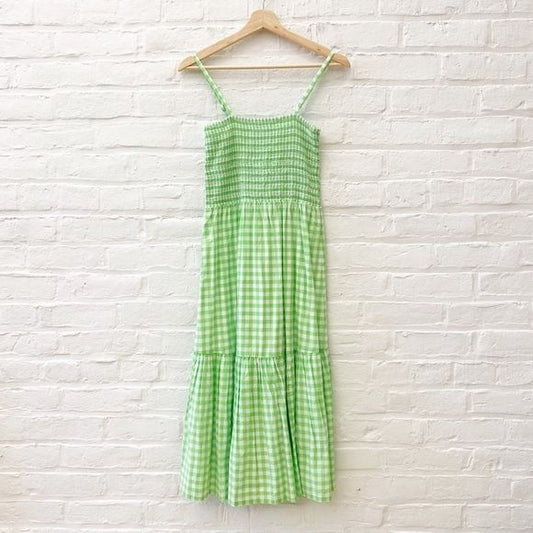 J. Crew || Smocked Top Midi Dress Tiered Gingham Lime Green XS