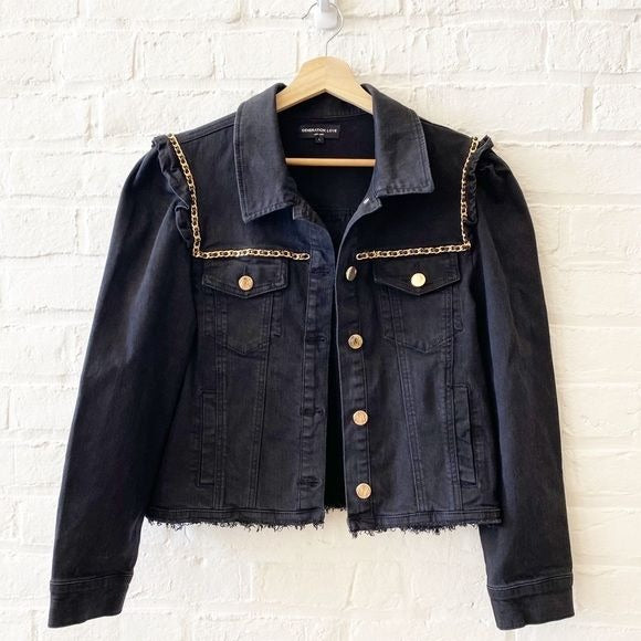 Generation Love || Ivana Chain Trim Denim Jacket Washed Black Large