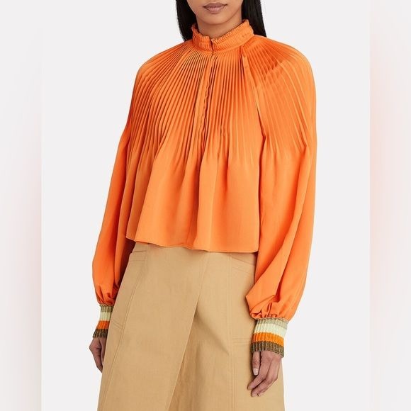 Tibi || Pleated Edwardian Crop Top Blouse In Orange 2 NWT